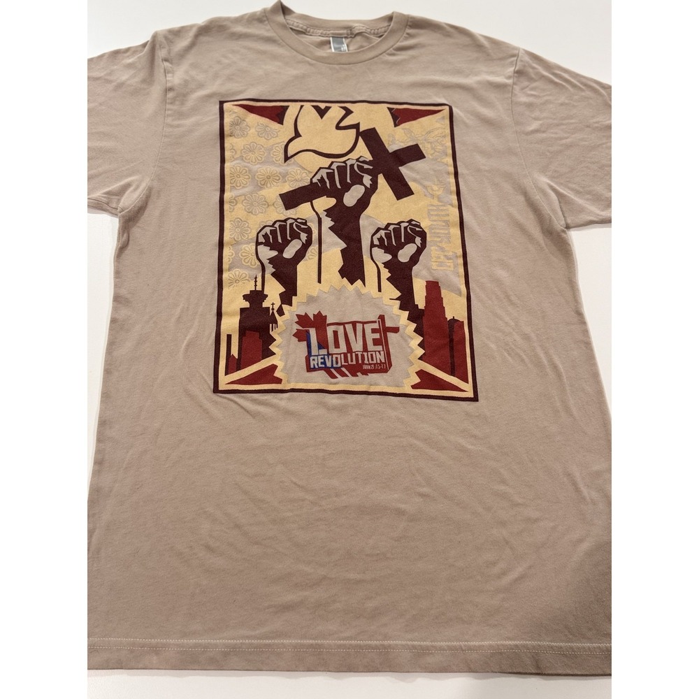 American Apparel Men's L Tan Love Revolution Graphic Print Crew Neck T-Shirt